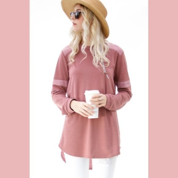 Long Stripe Sleeve Casual Top Pink High Low - Picture 5 of 7